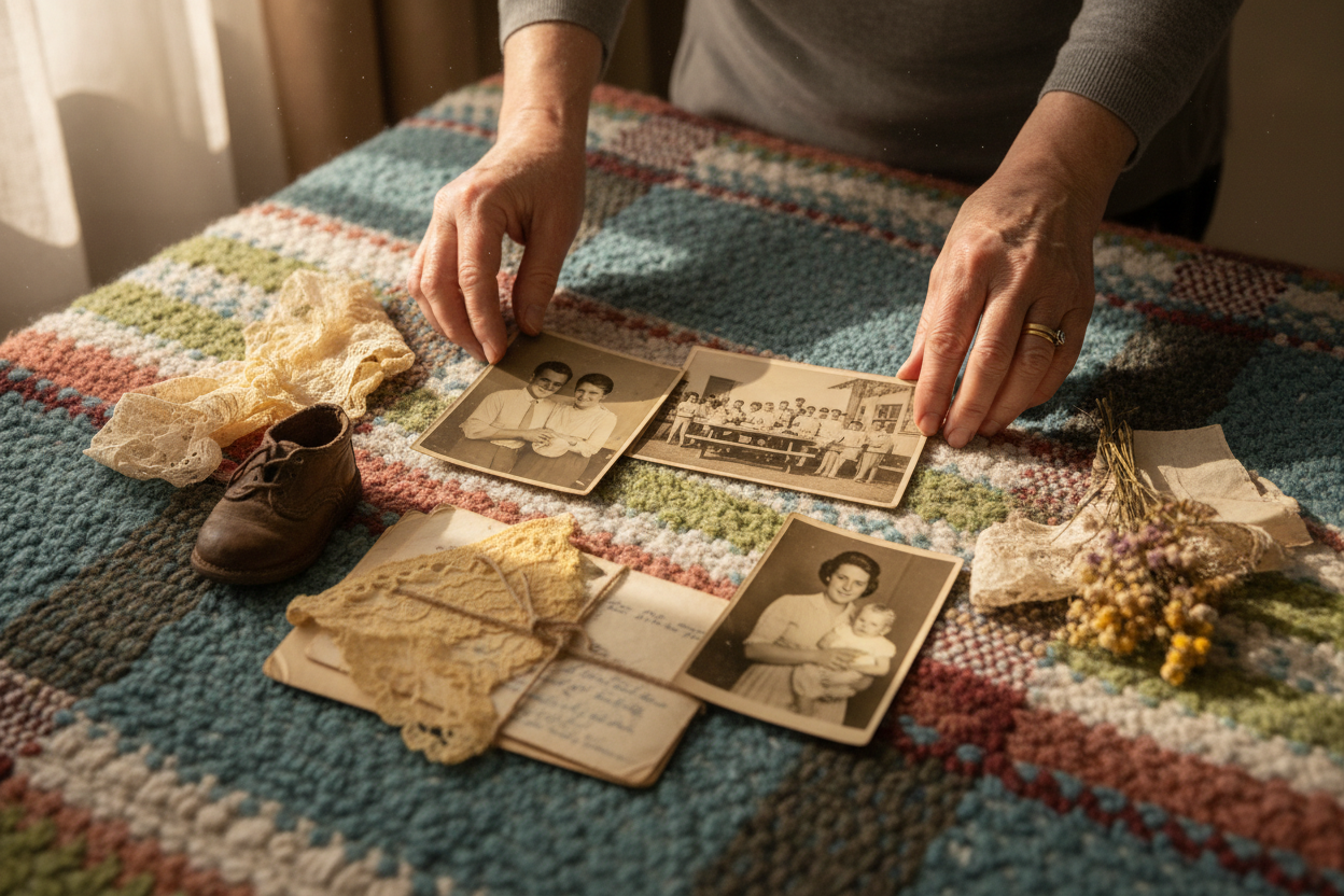 Hands arranging family photos and keepsake materials