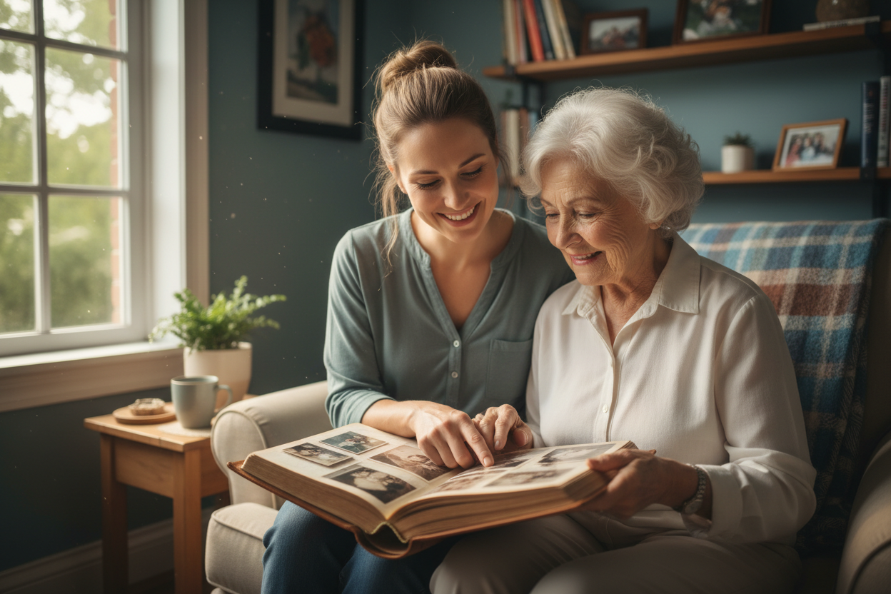 Caregiver and loved one sharing memories together