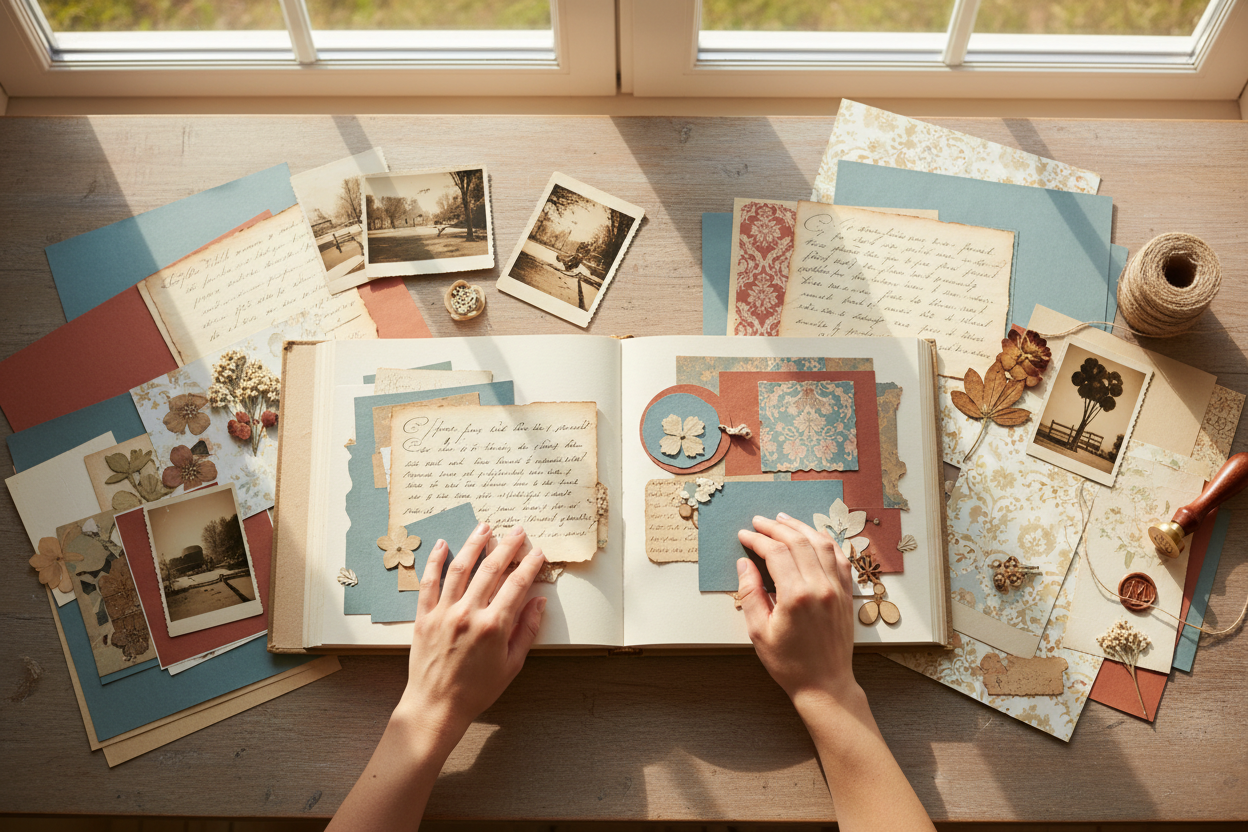 Memory keepsake book creation overhead view